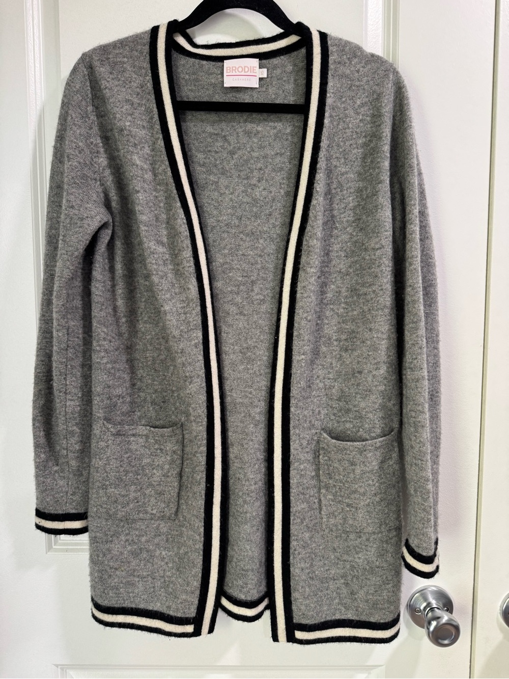 Brodie Cashmere Varsity Stripe Longline Open Cardigan Gray Black White XS